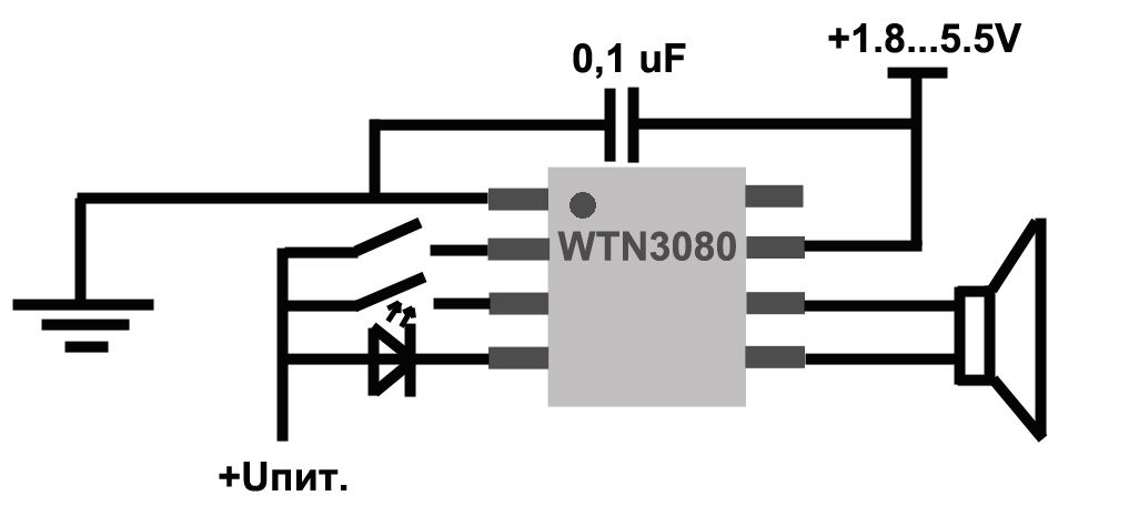 Микросхема воспроизведения звука WTN3080, схема включения